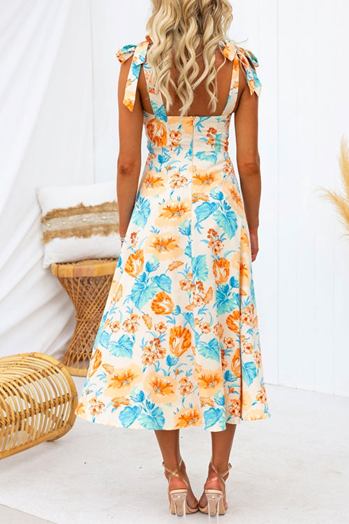 Mixiedress Floral Tie Shoulder Flared Midi Cami Holiday Dress