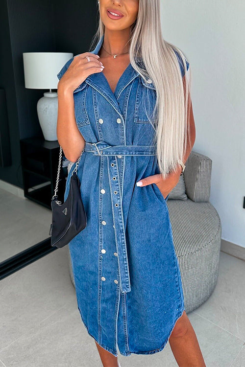 Mixiedress Lapel Double Breasted Curve Hem Denim Midi Dress with Belt