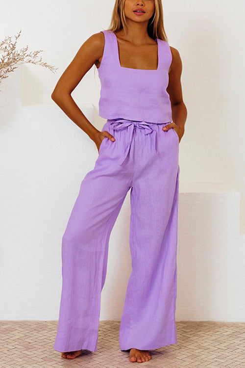 Mixiedress Square Collar Crop Tank Top Tie Waist Wide Leg Pants Cotton Linen Set