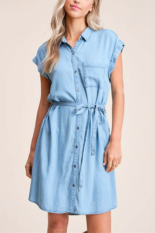 Mixiedress Short Sleeves Tie Waist Button Down Denim Shirt Dress