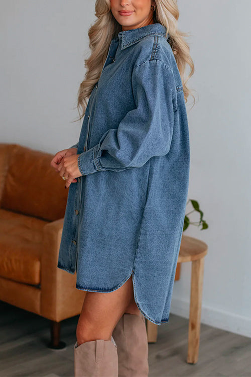 Mixiedress Curve Hem Button Down Denim Shirt Dress