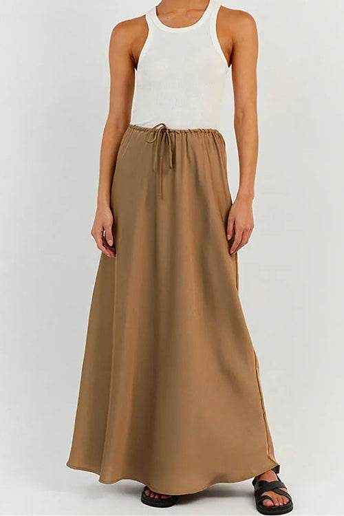 Mixiedress Drawstring Waist Satin A-line Maxi Skirt