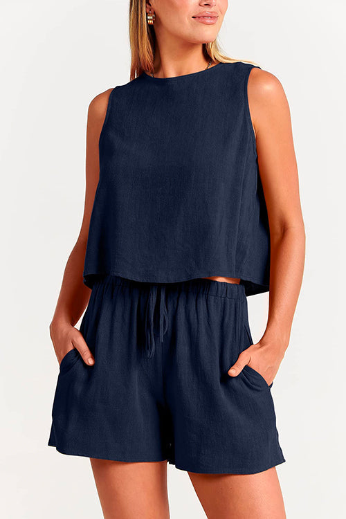 Mixiedress Solid Crewneck Crop Tank Top Drawstring Waist Shorts Set