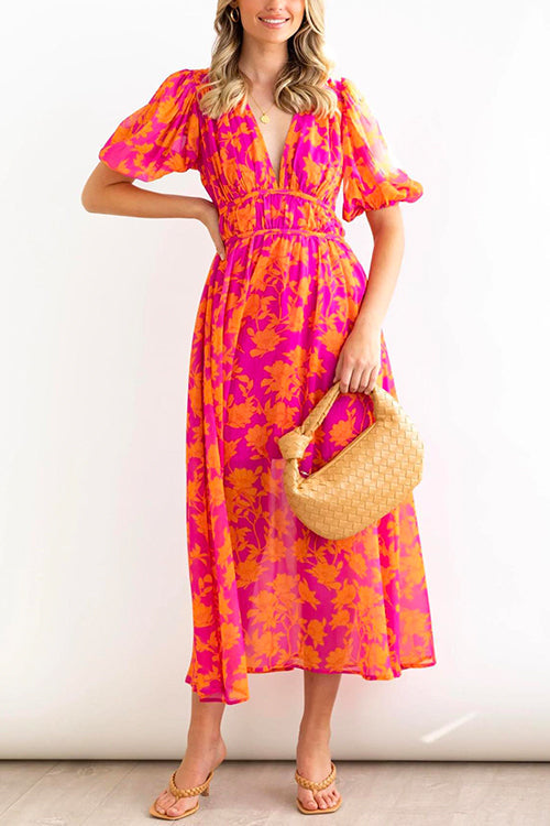 Mixiedress V Neck Puff Sleeves High Waist Printed Flowy Dress