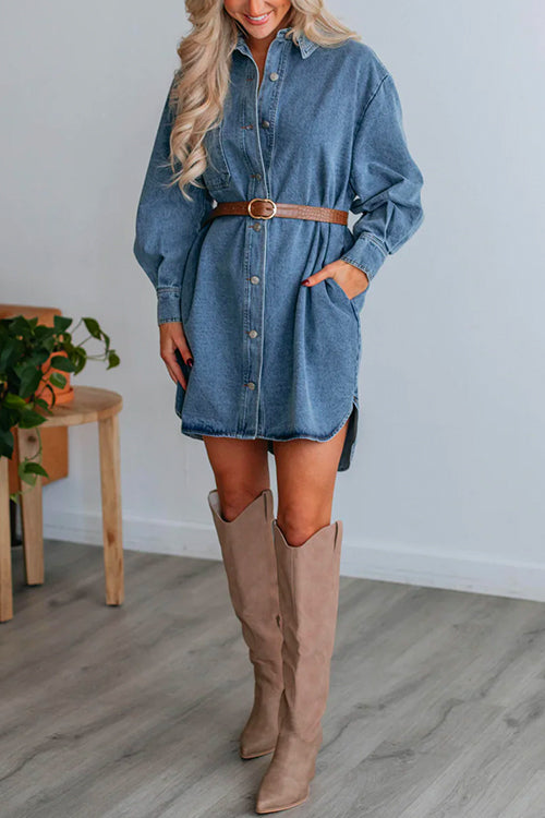 Mixiedress Curve Hem Button Down Denim Shirt Dress