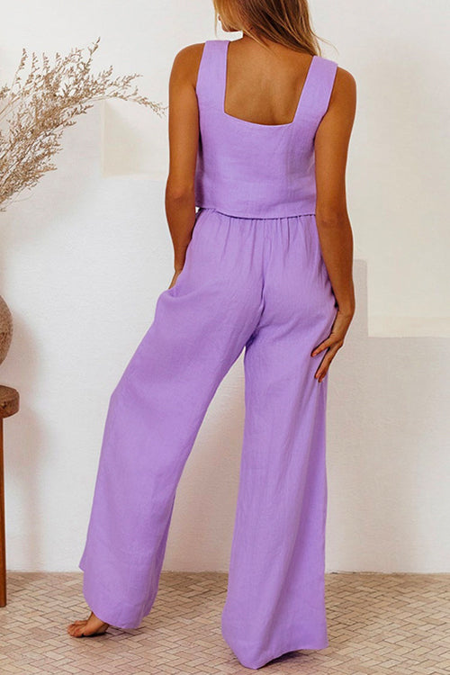 Mixiedress Square Collar Crop Tank Top Tie Waist Wide Leg Pants Cotton Linen Set