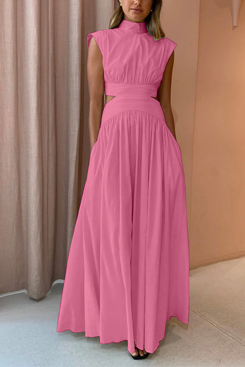 Mixiedress Mockneck Cut Out Waist Maxi Swing Dress