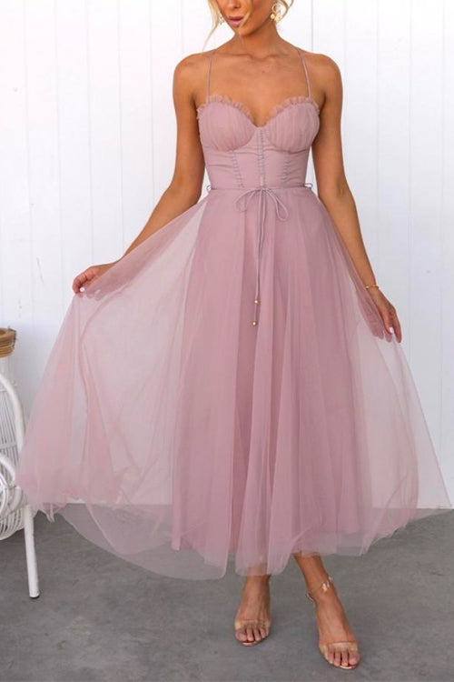 Mixiedress Backless Tie Waist Mesh Swing Maxi Cami Dress