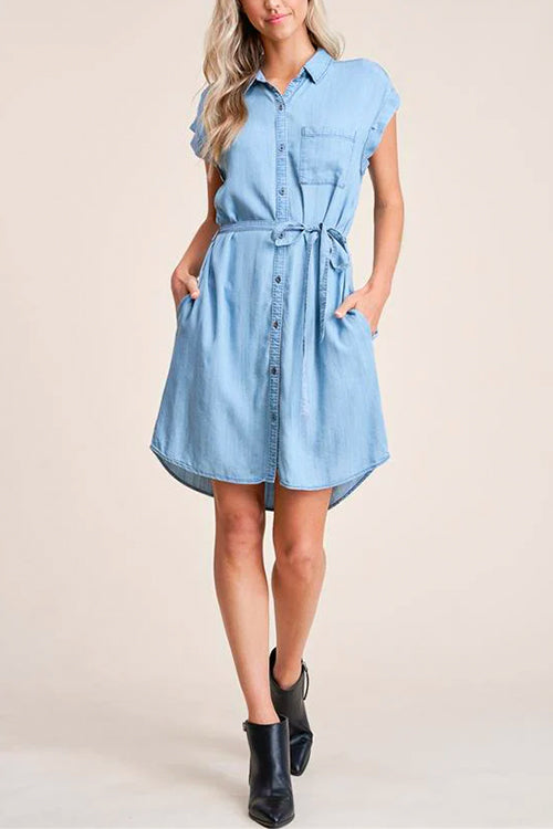 Mixiedress Short Sleeves Tie Waist Button Down Denim Shirt Dress