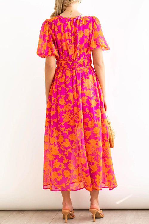 Mixiedress V Neck Puff Sleeves High Waist Printed Flowy Dress