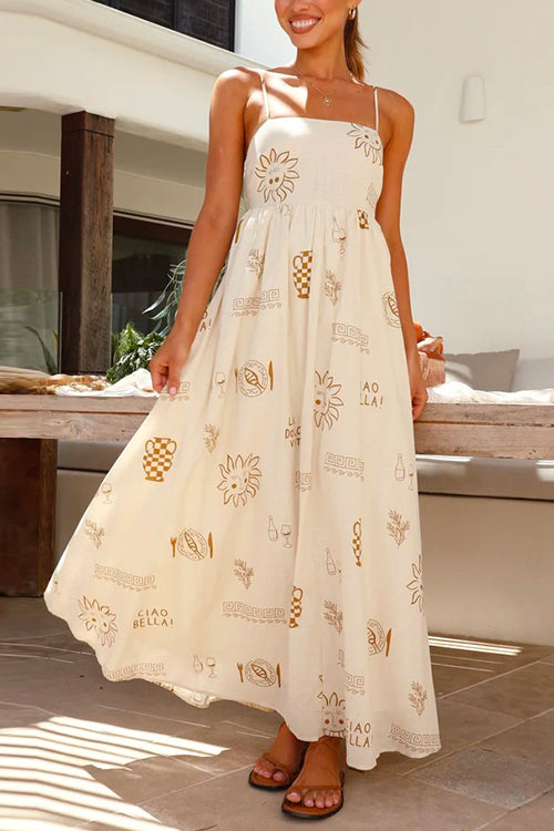 Mixiedress Cut Out Waist Graffiti Print Swing Maxi Cami Vacation Dress