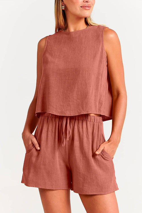 Mixiedress Solid Crewneck Crop Tank Top Drawstring Waist Shorts Set