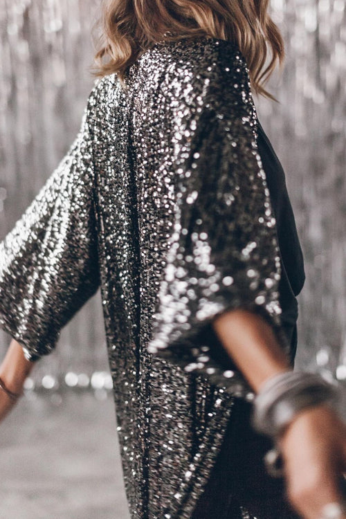 Mixiedress 3/4 Sleeves Open Front Sequin Shinny Midi Cardigan