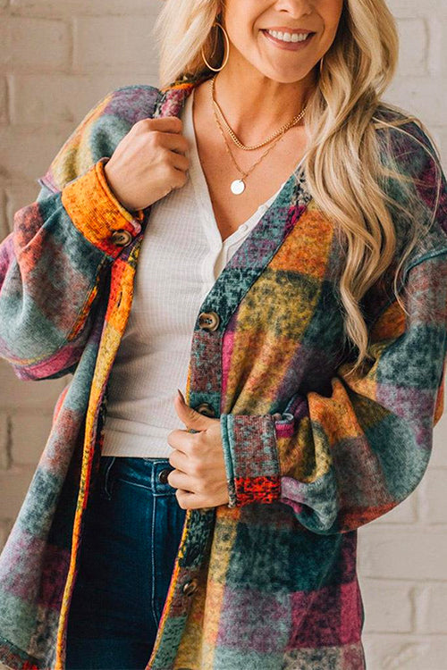 Mixiedress Drop Shouler Button Up Color Block Plaids Jacket