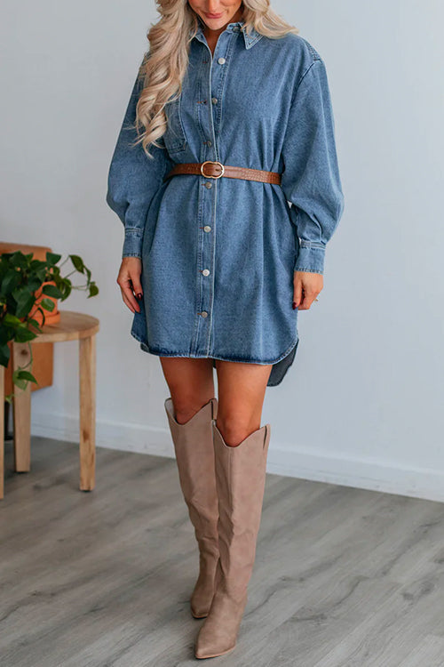 Mixiedress Curve Hem Button Down Denim Shirt Dress