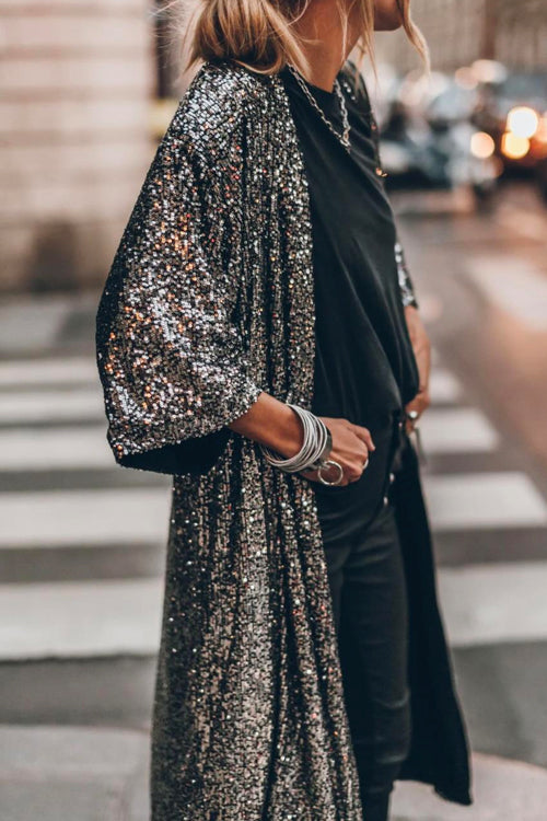 Mixiedress 3/4 Sleeves Open Front Sequin Shinny Midi Cardigan