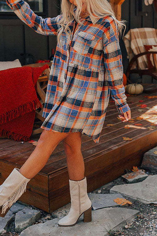 Mixiedress Lapel Pocketed Button Down Plaid Shirt Dress