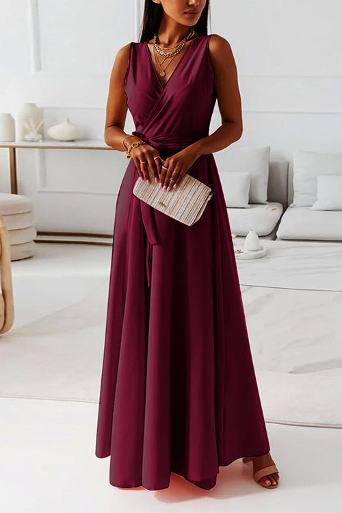 Mixiedress Wrap V Neck Tie Waist Sleeveless Maxi Swing Dress