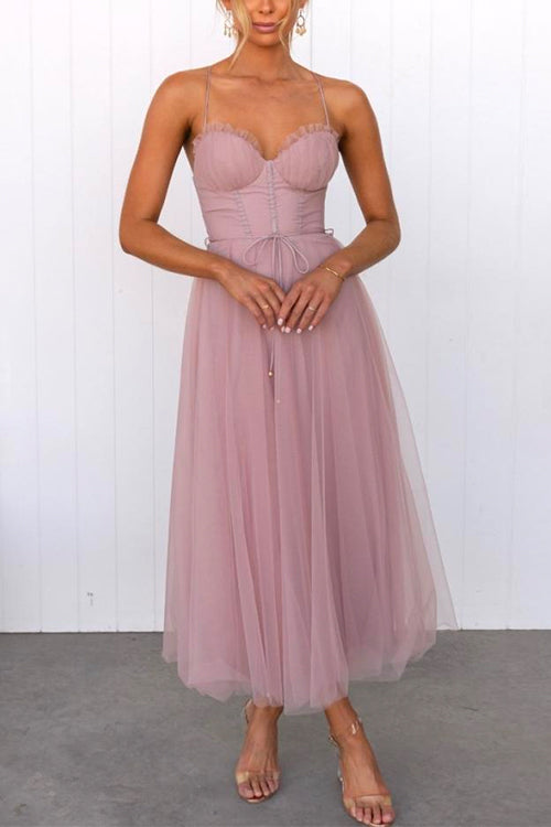 Mixiedress Backless Tie Waist Mesh Swing Maxi Cami Dress