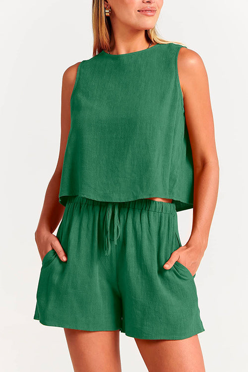 Mixiedress Solid Crewneck Crop Tank Top Drawstring Waist Shorts Set