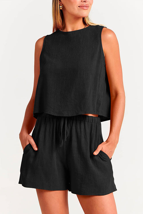 Mixiedress Solid Crewneck Crop Tank Top Drawstring Waist Shorts Set