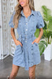 Mixiedress Lantern Sleeves Belted A-line Denim Shirt Dress