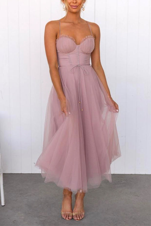 Mixiedress Backless Tie Waist Mesh Swing Maxi Cami Dress