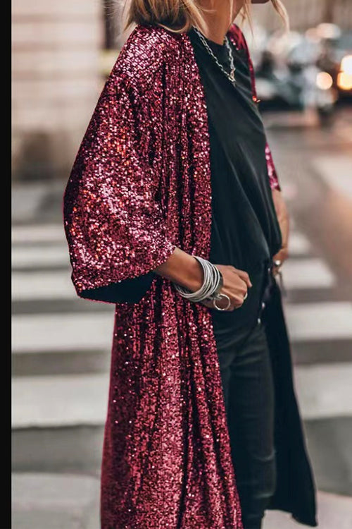 Mixiedress 3/4 Sleeves Open Front Sequin Shinny Midi Cardigan