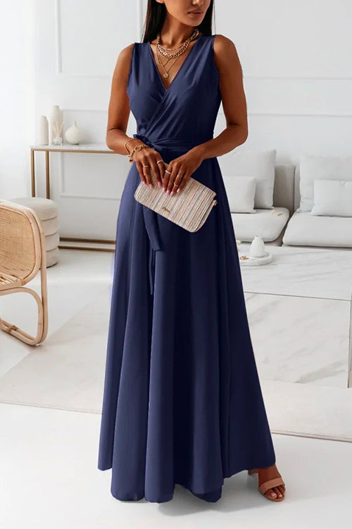 Mixiedress Wrap V Neck Tie Waist Sleeveless Maxi Swing Dress