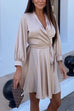 Mixiedress V Neck Long Sleeves Tie Waist Satin Wrap Dress