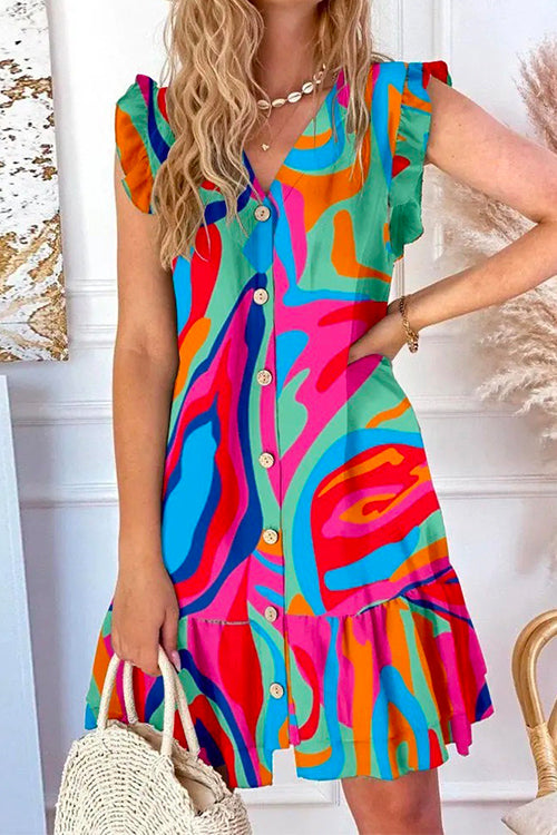 Mixiedress V Neck Button Up Printed Ruffle A-line Dress