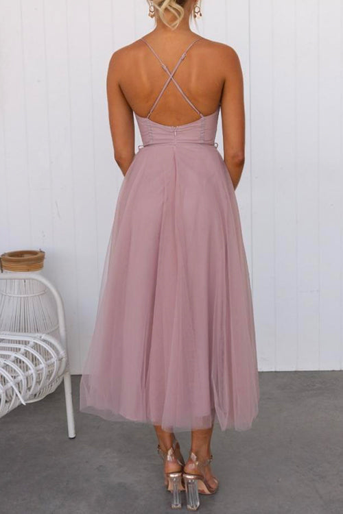 Mixiedress Backless Tie Waist Mesh Swing Maxi Cami Dress