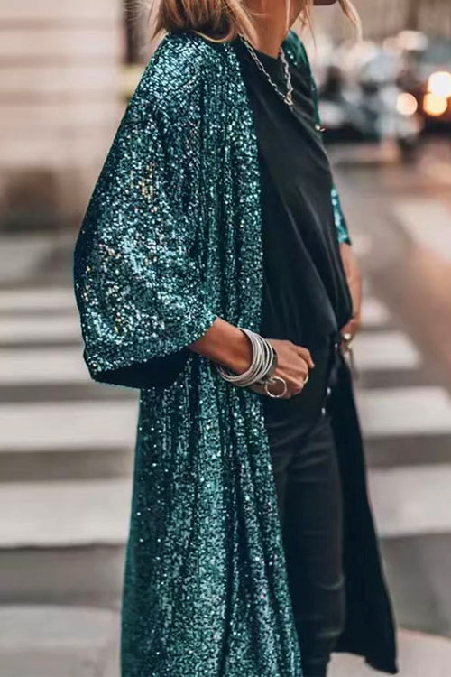 Mixiedress 3/4 Sleeves Open Front Sequin Shinny Midi Cardigan