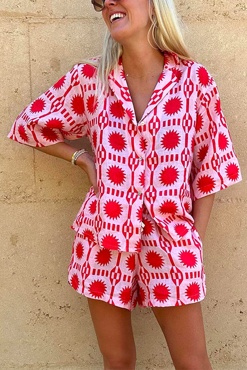 Mixiedress Short Sleeves Button Up Shirt Drawstring Waist Shorts Tropic Printed Set