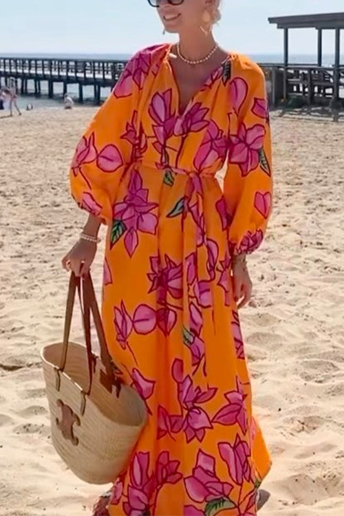 Mixiedress V Neck Long Sleeves Tie Waist Floral Maxi Holiday Dress