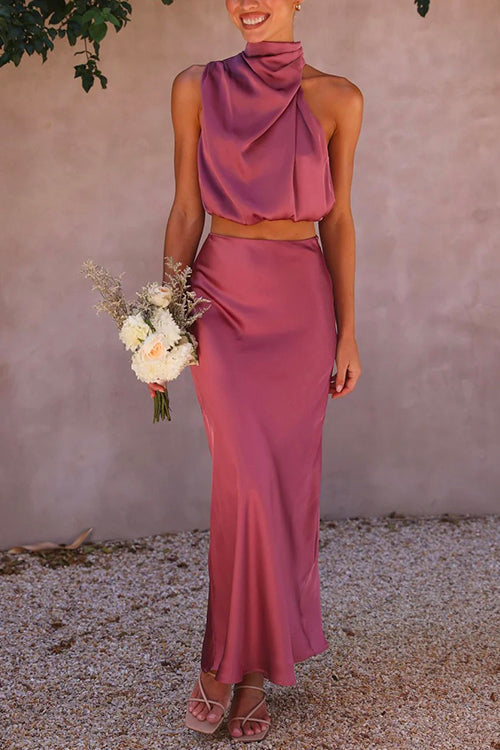 Mixiedress Turtleneck Sleeveless Crop Top High Waist Maxi Skirt Satin Set