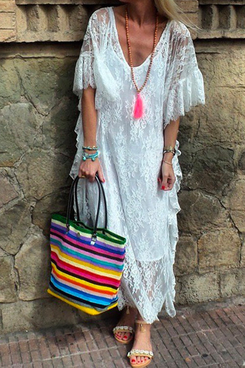 Mixiedress V Neck Flare Sleeve Oversized Maxi Lace Dress