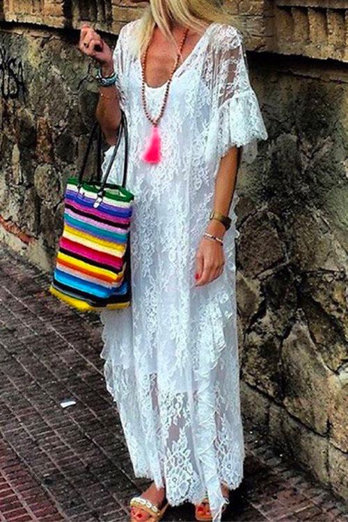 Mixiedress V Neck Flare Sleeve Oversized Maxi Lace Dress