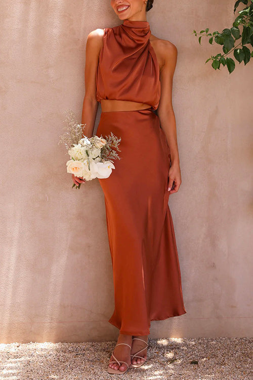 Mixiedress Turtleneck Sleeveless Crop Top High Waist Maxi Skirt Satin Set