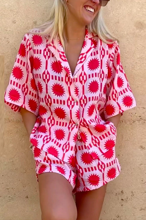 Mixiedress Short Sleeves Button Up Shirt Drawstring Waist Shorts Tropic Printed Set