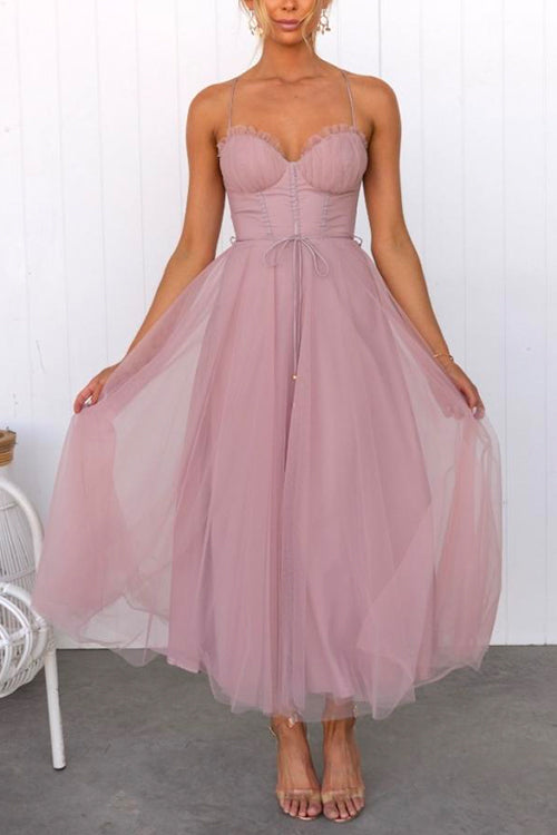 Mixiedress Backless Tie Waist Mesh Swing Maxi Cami Dress