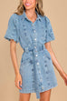 Mixiedress Lantern Sleeves Belted A-line Denim Shirt Dress