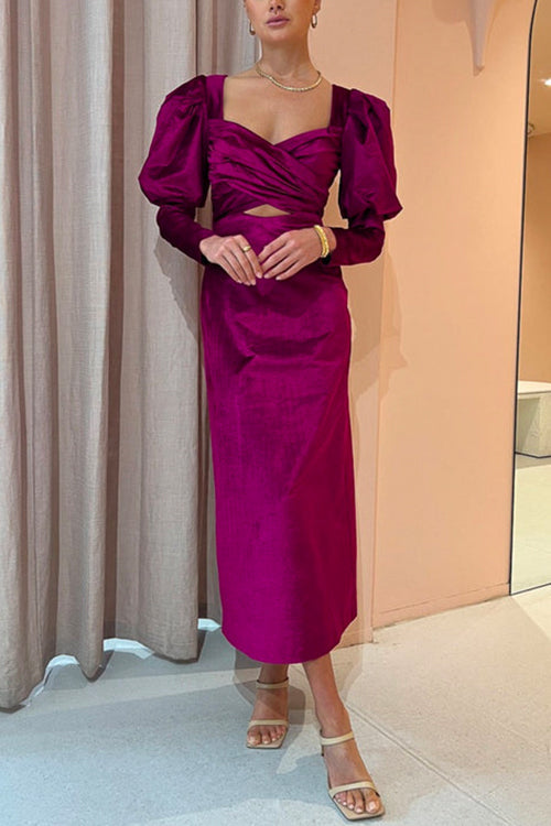Cross Front Puff Sleeves Cut Out Velvet Midi Dress