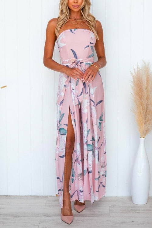 Mixiedress Sleeveless Off Shoulder Tie Waist Split Wide Leg Floral Jumpsuit