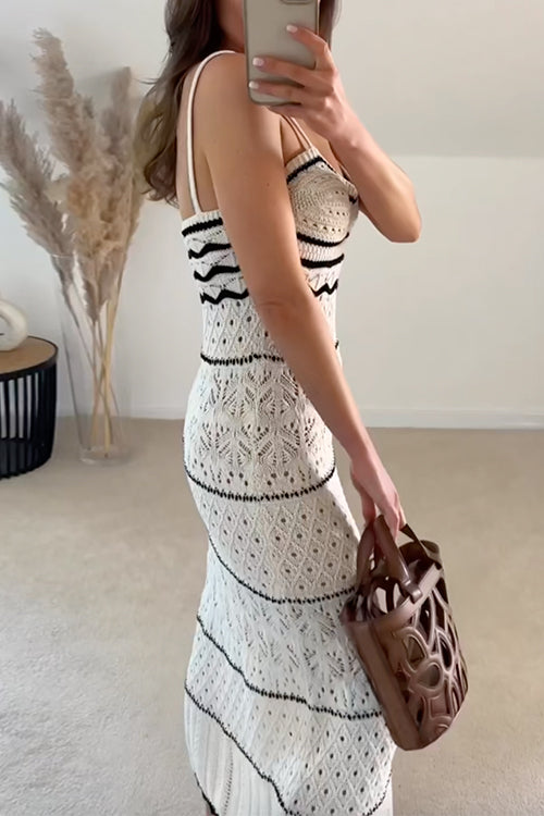 Mixiedress V Neck Crochet Hollow Out Color Block Knitting Maxi Cami Dress