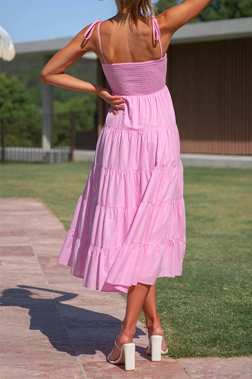 Mixiedress Tie Shoulder Smocked Ruffle Tiered Swing Cami Dress