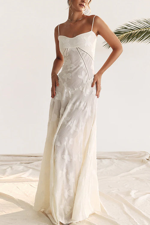 Mixiedress Spaghetti Strap Back Lace-up Applique Flower Maxi Swing Dress