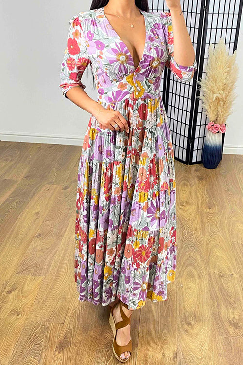 Mixiedress Deep V Neck High Waist Pockets Floral Maxi Swing Dress