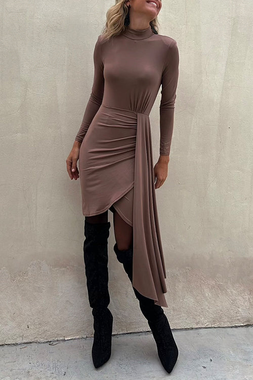 Mockneck Drape Front Waisted Tulip Bodycon Dress