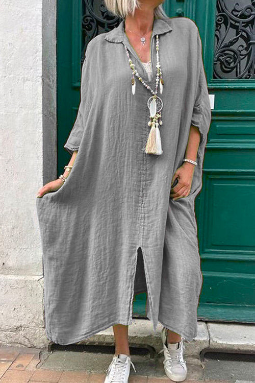 Mixiedress Lapel V Neck Slit Front Oversized Midi Dress